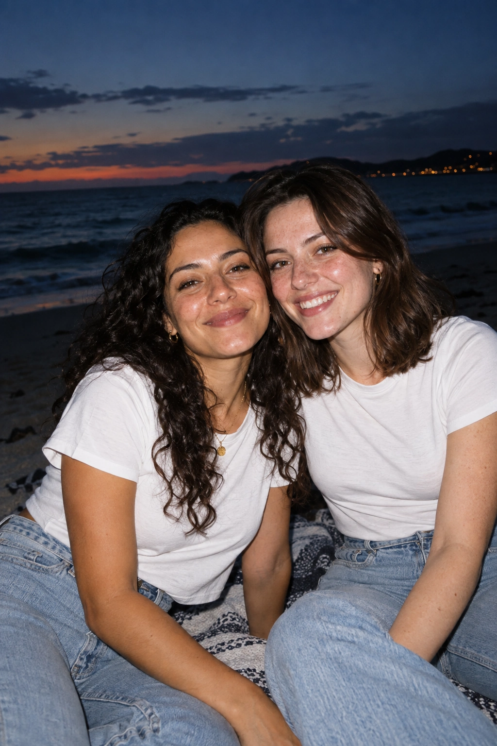 An illustrative candid beach photograph of two friends