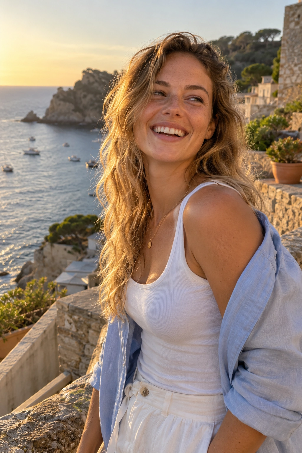 An illustrative laughing seaside portrait